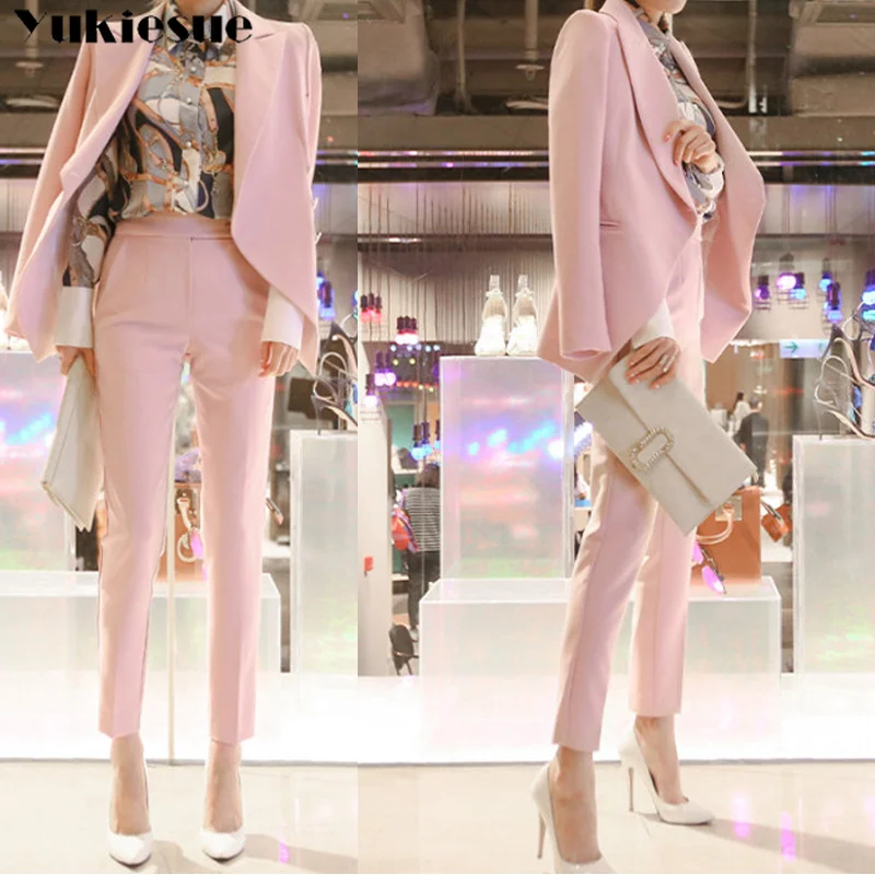 

fashion Pink 2 Piece Set for Women Pant Suits Single Button Notched Blazer & High Waisted Pants Casual Work Wear women's suit
