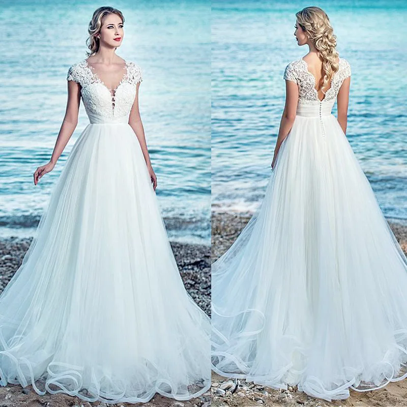 

Eightree Romantic A-line Wedding Dress 2019 Sweetheart Cap Sleeve Lace Appliques Ruffles Tulle Gown Bridal Dresses