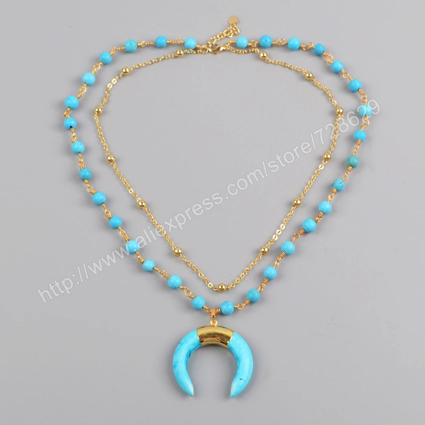 

BOROSA New Arrival Gold Color Blue Howlite Blue Stone Crescent Horn Layer Necklace For Woman Boho Jewelry G1186