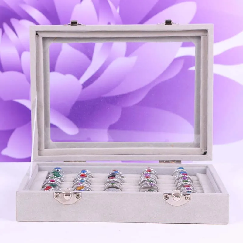 

New 7 Slots Velvet Display Case Box Earring Ring Organizer Jewelry Tray Cufflink Storage Showcase with Clear Glass Lid Grey