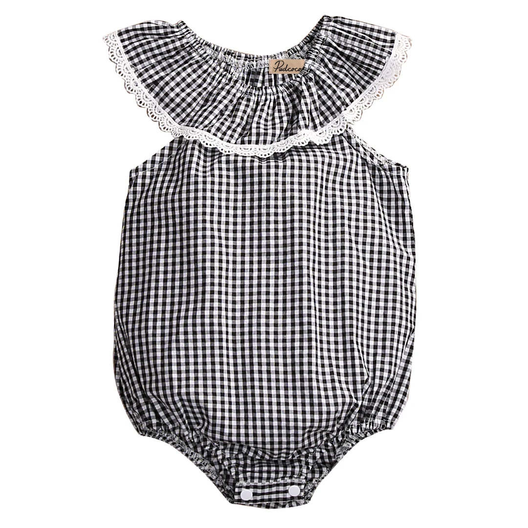 US STOCK Newborn Baby Girls One Piece printed plaid Lace Cotton