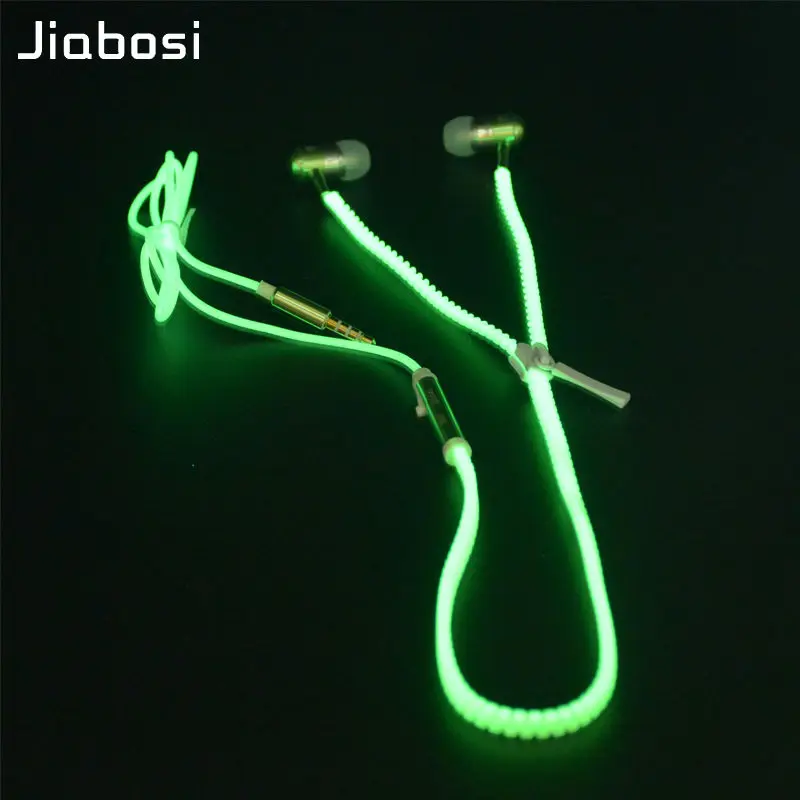  Hot sale ! Jiabosi 6 Color Glow Earphone Luminous Light Metal Zipper Earphone Glow In The Dark for Iphone Samsung Xiaomi MP3 MP4 