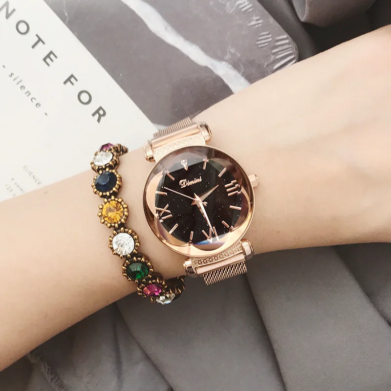 

New Fashion Top Rosy Gold Mesh Magnet Starry Sky Quartz Watch Women Casual Watches Relogio Feminino Ladies Wrist Watch Hot Sale