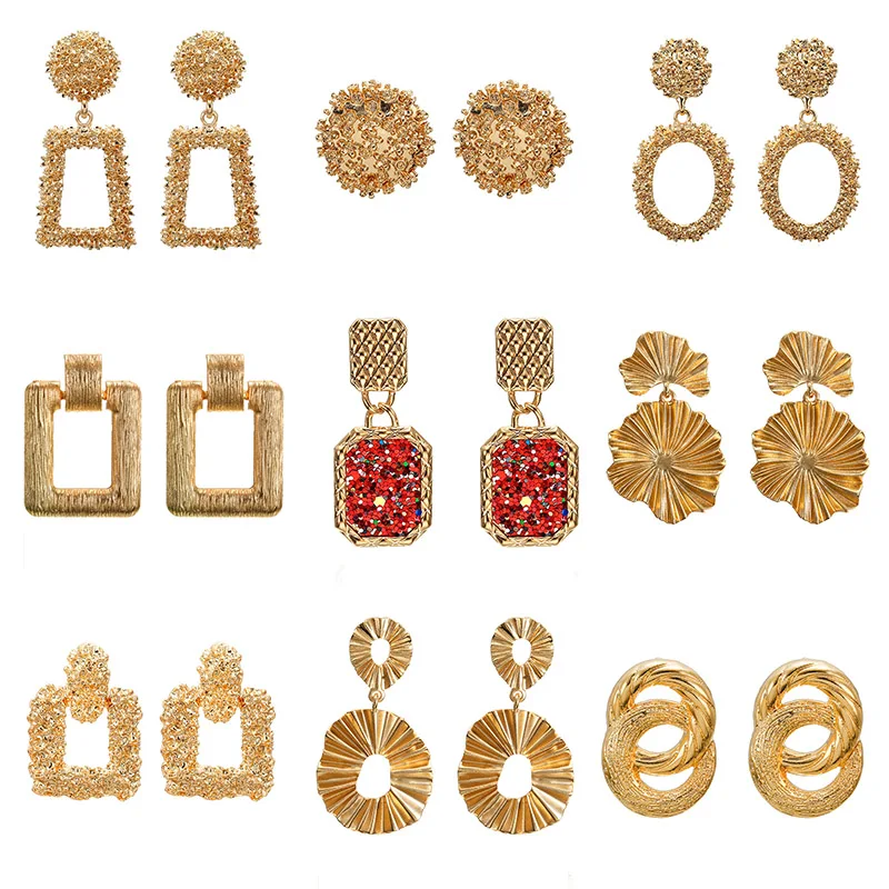 2019 Vintage Earrings Big For Women Statement Drop Earrings Geometric Golden Color Metal Pendant Earrings Trend Fashion Jewelry