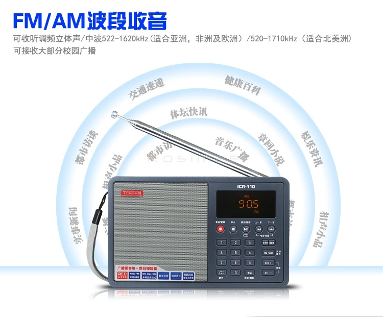 TECSUN ICR-110 ICR110 FM/AM радио TF карта MP3-плеер рекордер мини-громкоговоритель ICR110 рекордер MP3-плеер Радио FM 76-108 широкий