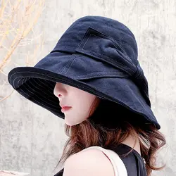 Японская Стильная однотонная хлопковая полиэфирная ткань летняя Солнцезащитная шляпа с широкими полями женская кепка с бантом Женская