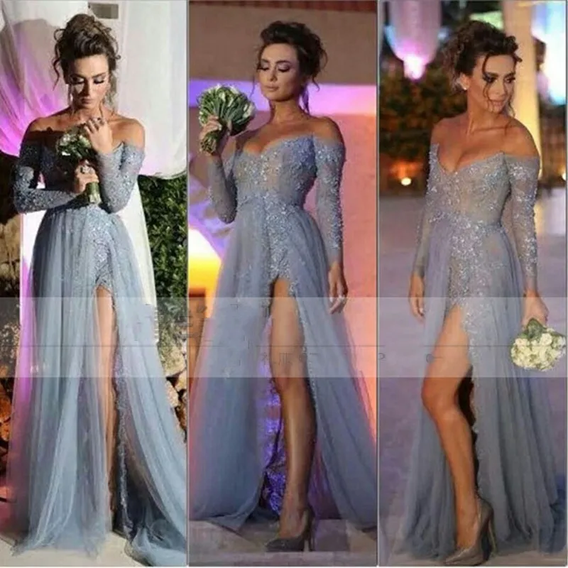 

vestido de noche Silver Evening Dresses Sexy Split vestido de festa longo Long Evening Dress Tulle Beads sukienki wieczorowe