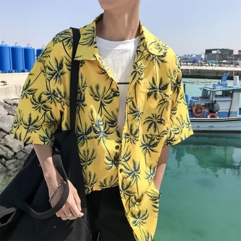 

2019 Summer Men's Fashion Trend Short Sleeve Shirt Hawaii Flower Printing Loose Lapel Collar Yellow/white/navy Color Shirt M-XL