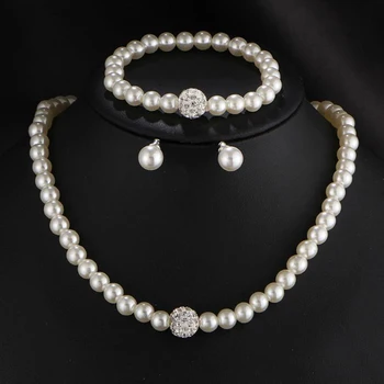 New Fashion Classic Imitation Pearl Necklace Earring Set Clear Crystal Elegant Party Gift Women Wedding Pearl Jewelry Sets CT115