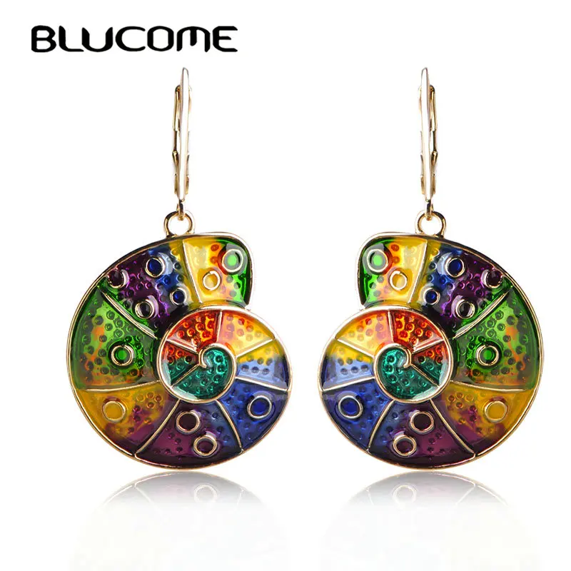 

Blucome Colorful Rainbow Color Snail Shape Pendant Earrings Alloy Enamel Drop Earrings Holiday Ear Accessories Long Pendientes