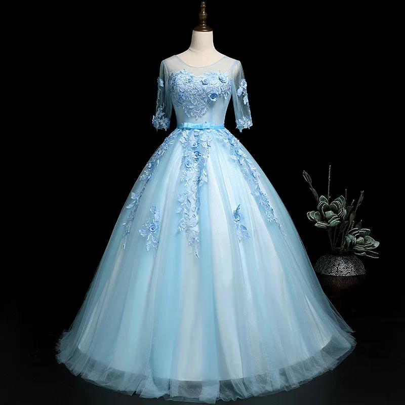 

It's YiiYa Blue Floor-length Wedding Dresses Appliques Beading Brides Gowns Vestidos O-neck De Novia Casamento BL087