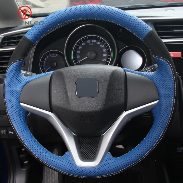 LQTENLEO Blue Genuine Leather Black Suede DIY Car Steering Wheel Cover