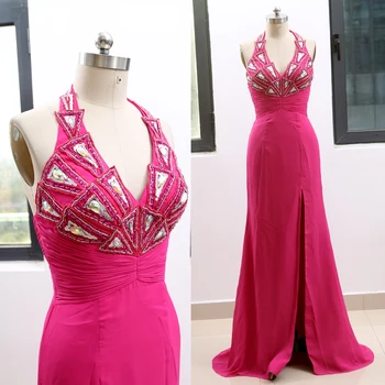 

Fuchsia Sheath V Neck Floor-Length Crystal Chiffon Prom Party Formal Evening Dress L 264123