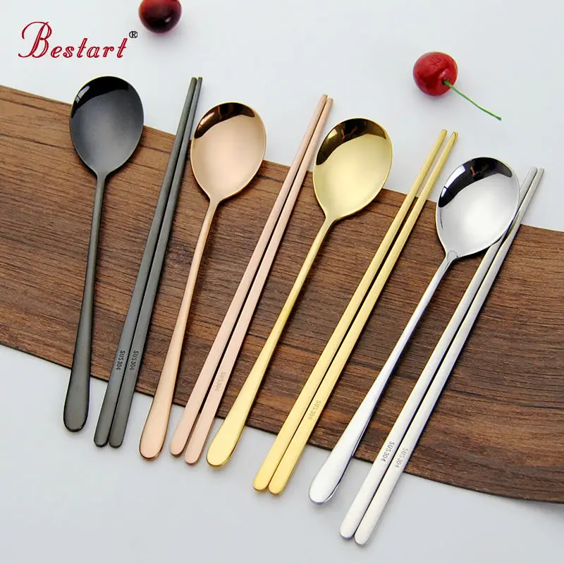 

2Pcs/Lot Stainless Steel Tableware Dinner Set Scoop Black Rose Golden Silver Chop Sticks Metal Cutlery korean Dinnerware Set