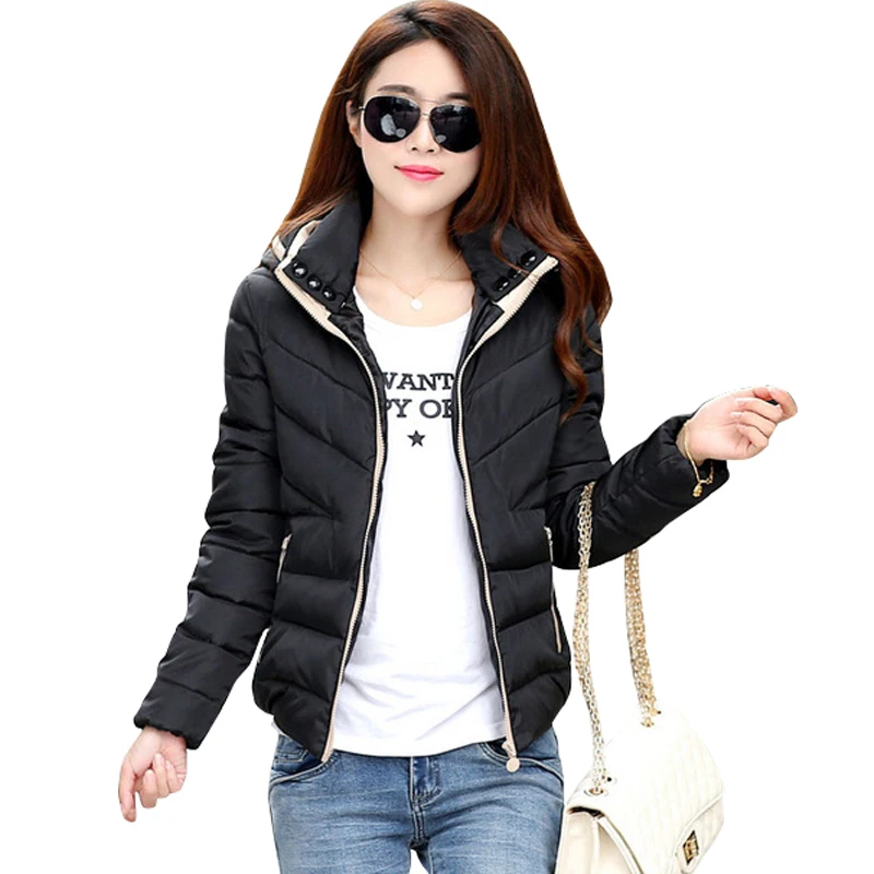 Goedkoop 2018 Nieuwe basic Jas Vrouwen Herfst Winter Korte Jassen Solid Hooded Down Katoen Gewatteerde Slim Warm Zakken Vrouwelijke Jas Jassen
