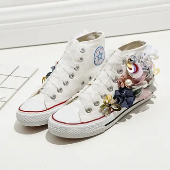 

2019 new flower pearl bow decoration casual shoes sneakers flat high canvas shoes