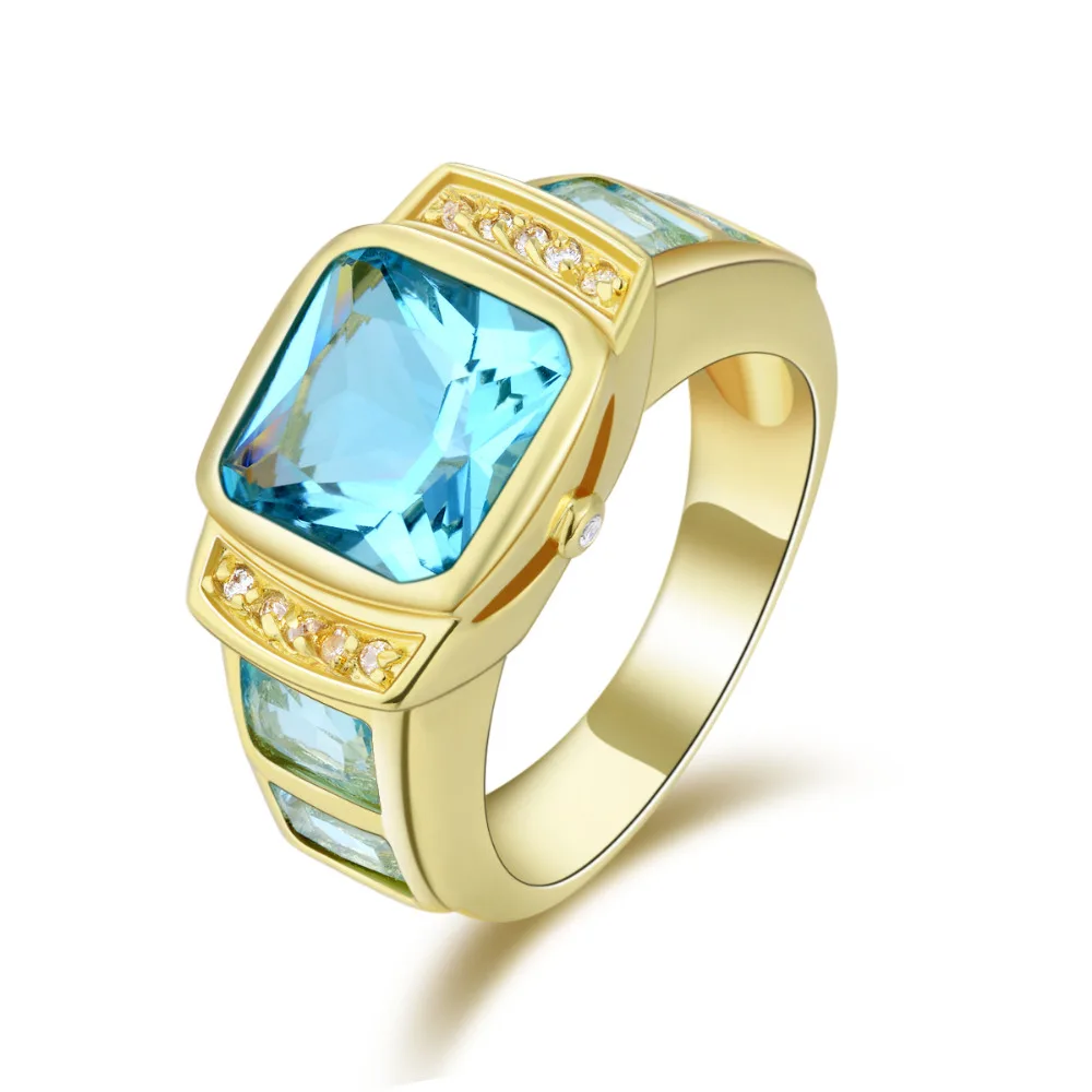 

SuoHuan Size 8-11 Luxury Men Ring Male Sky Blue Zirconia Stone Crystal Gold Filled Anniversary Party Mens Finger Jewelry Gift