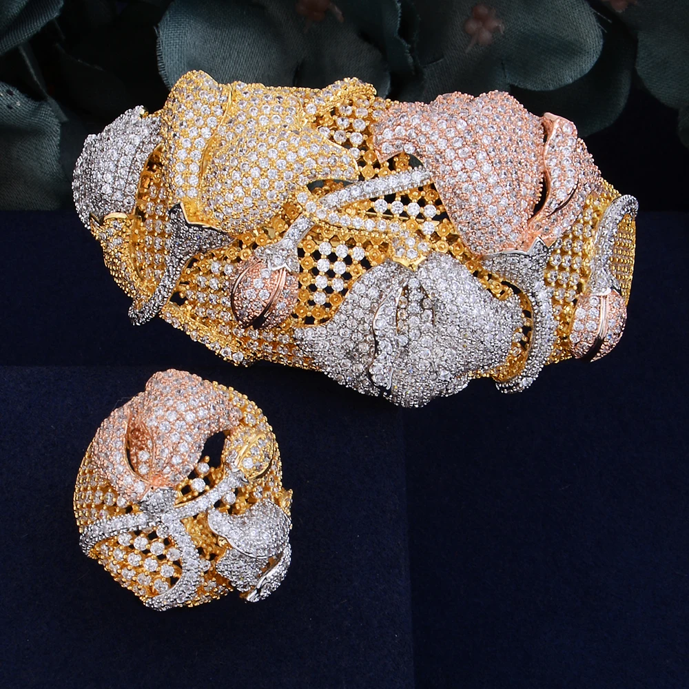 

GODKI Fashion Luxury Flower Blossom Cluster Super Shiny AAA Cubic Zirconia Women Unique Bracelet Bangle Ring Set High Jewelry