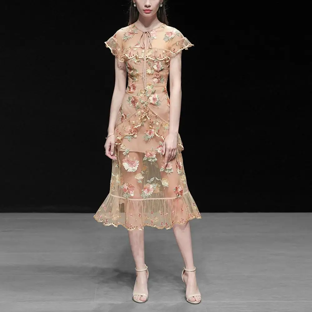 

HAMALIEL Summer 2019 Runway Designer Party Dress Luxury Women Floral Embroidery Ruffles Bodycon Midi Dress Sexy Holiday Dress