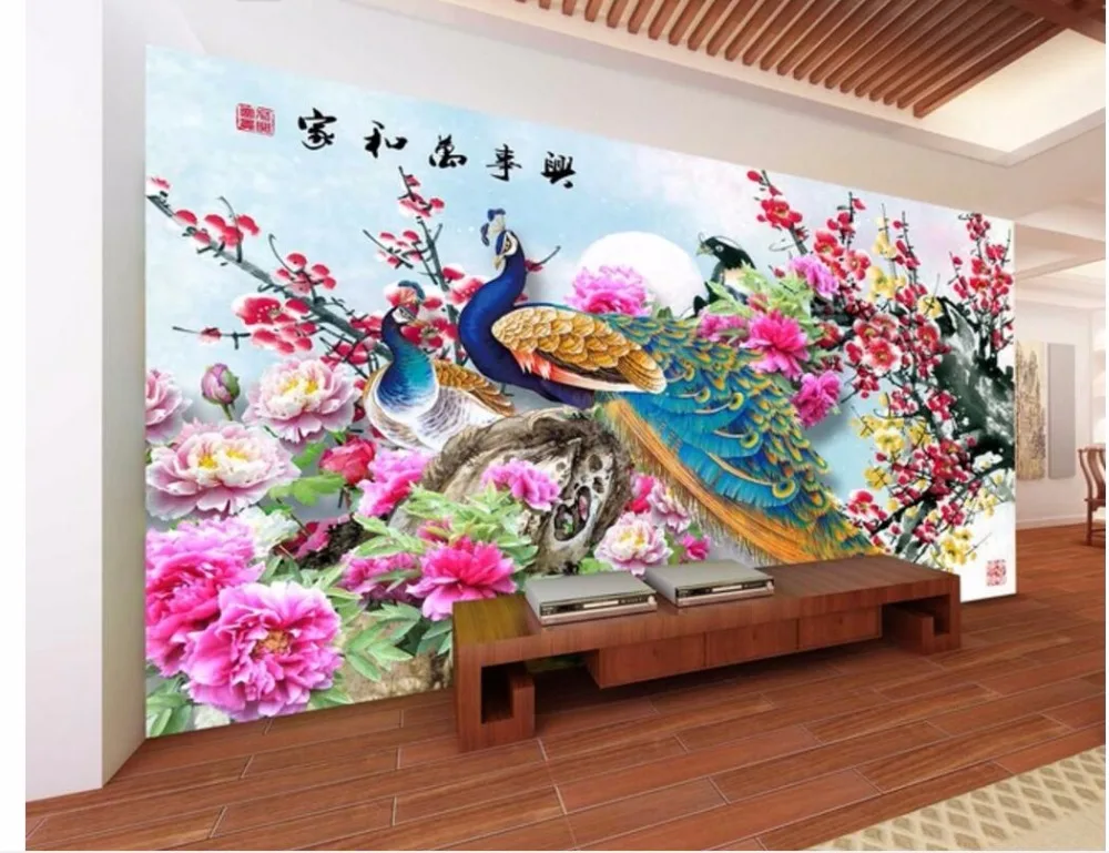 

3d wallpaper custom photo mural Peacock flowers auspicious bird TV background Home decor 3d wall murals wallpaper for walls 3 d