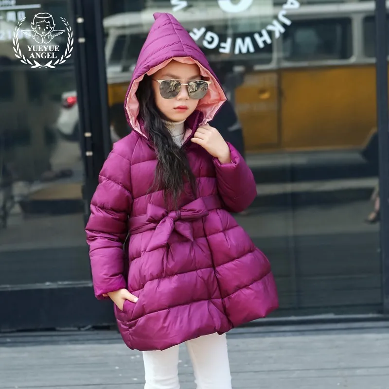 

New 2018 Childrens Winter Jacket Cap Keep Warm Down Jacket For Girl Belted Thicken Baby Girl Clothes Purple Green Girls Coat 5T
