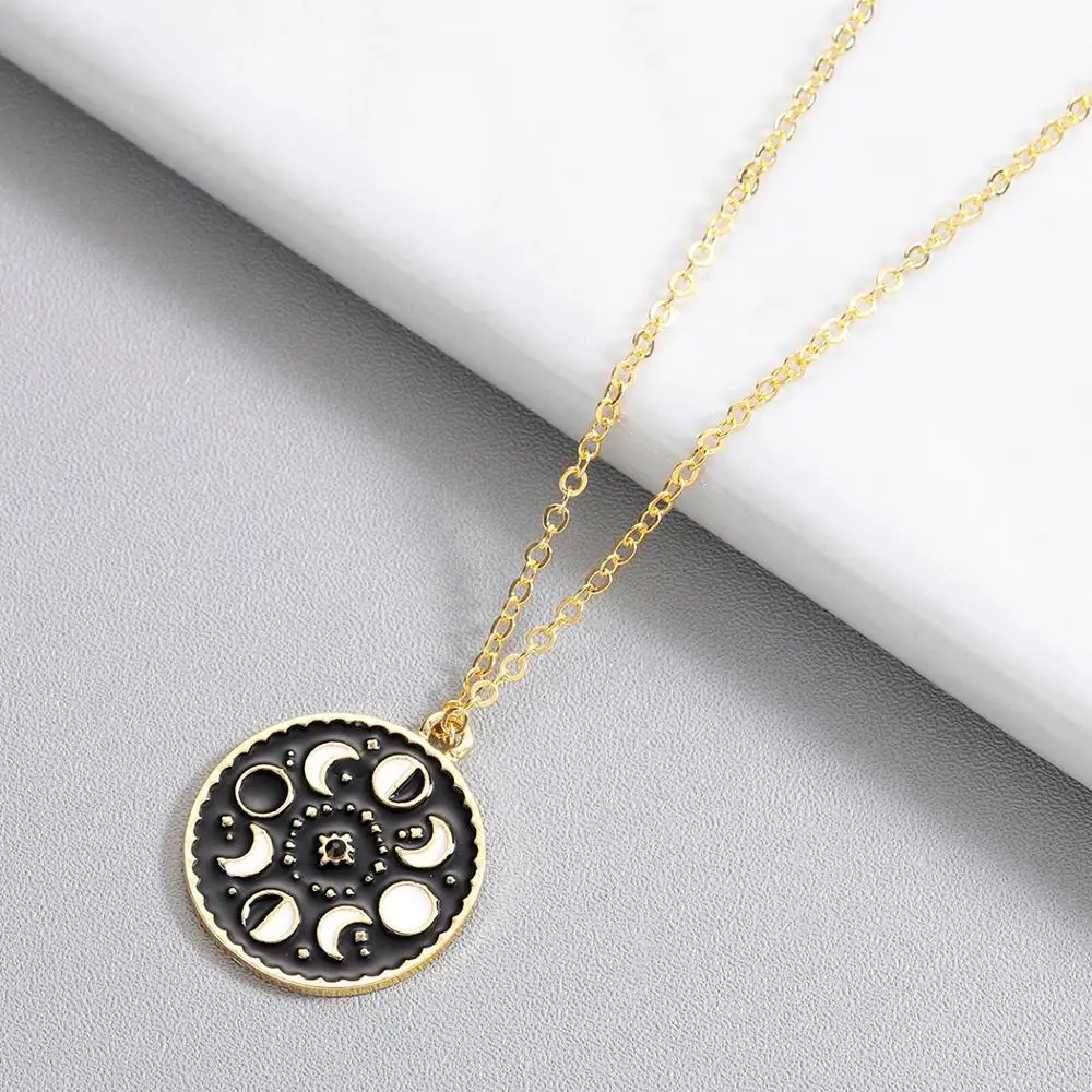 Chandler Moon Phase Necklace Galaxy Chocker Necklaces For Women Black Enamel Vintage Rouind Pendant Moon Crecent Charm Chokers