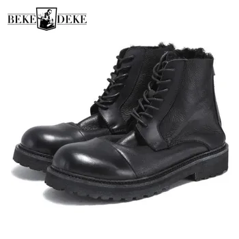 

2019 New Real Sheep Fur Warm Fleece Genuine Leather Motorcycle Boots Men Retro Round Toe Lace Up Ankle Boots Male Shoes