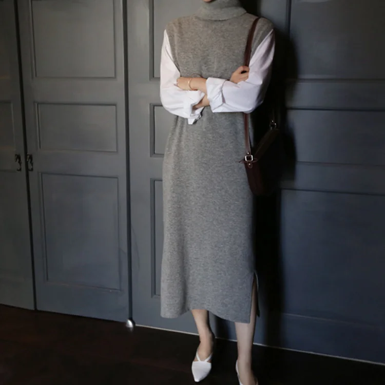 

2019 Women Sweater Gray Turtleneck Vest Sweater Slit Knitted Long Loose Pullover Sweater