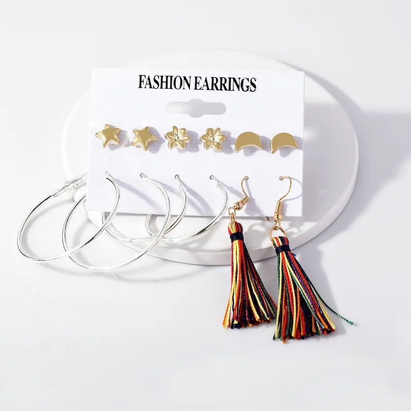 

6pair/set 2019 New Gold Color Star Flower Moon Stud Earring Silver Small Big Hoop Earring Colorful Tassel Earring