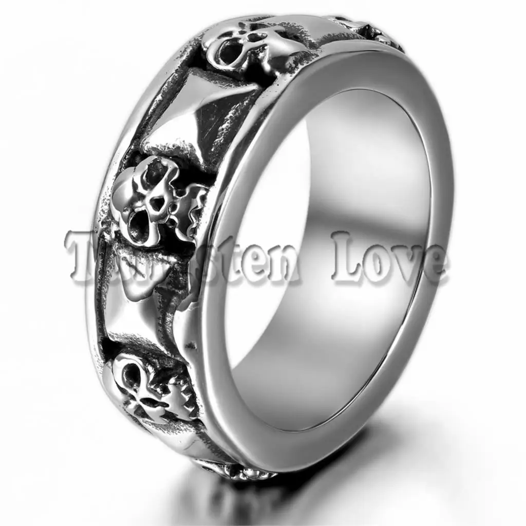 

8mm Vintage Style Mens Gothic Stainless Steel Skull and Pyramid Combination Cast Band Rings Biker Ring Black Silver Tone