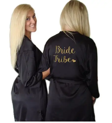 

Women Kimono Robes Faux Silk Bride Bride Tribe Heart Golden Glitter Print Robes Bachelorette Wedding Preparewear Free Shipping