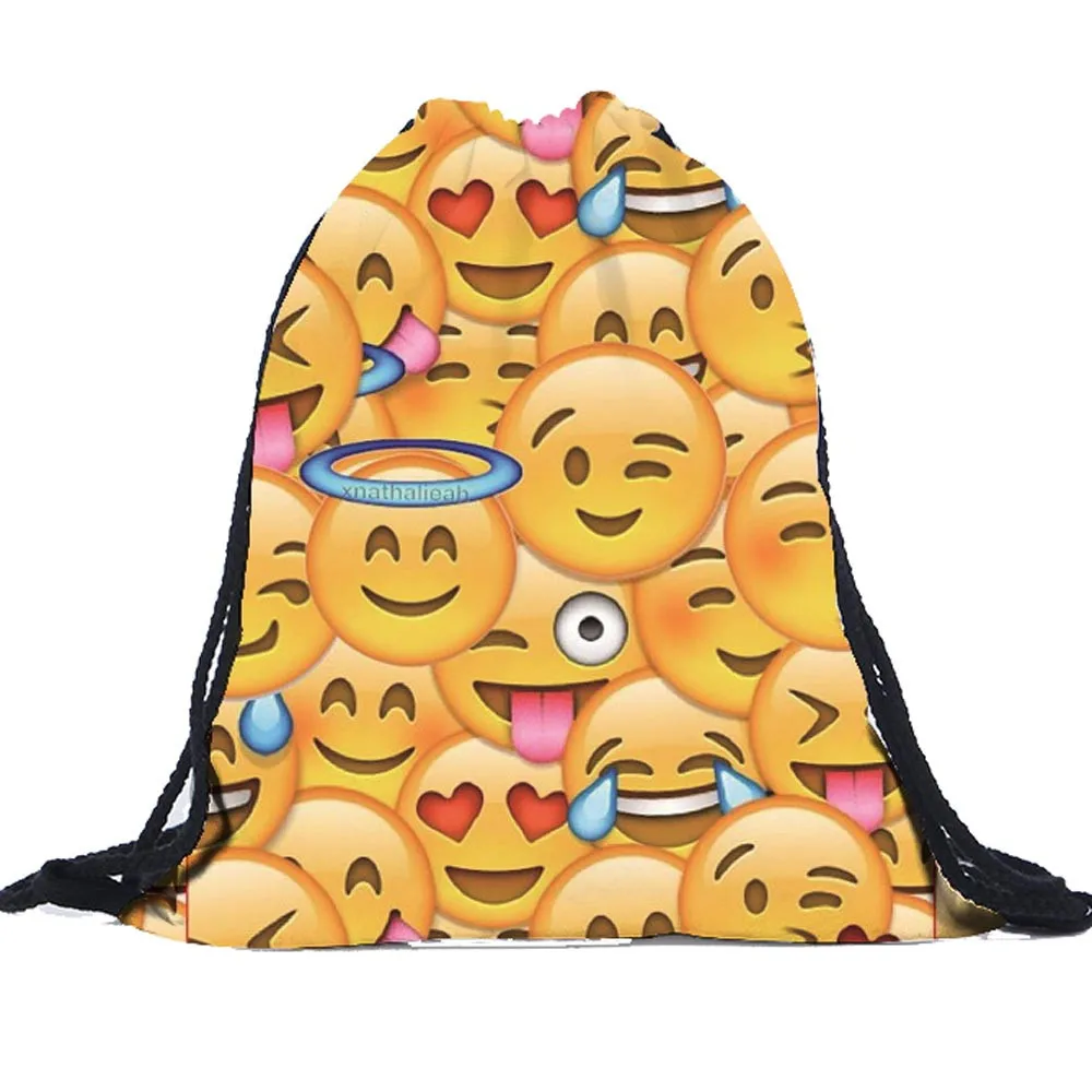 Унисекс emoji печати сумка Повседневное Drawstring Сумки многоцветный мультфильм Лоскутная сумка для хранения подростков рюкзак Bolso Mujer