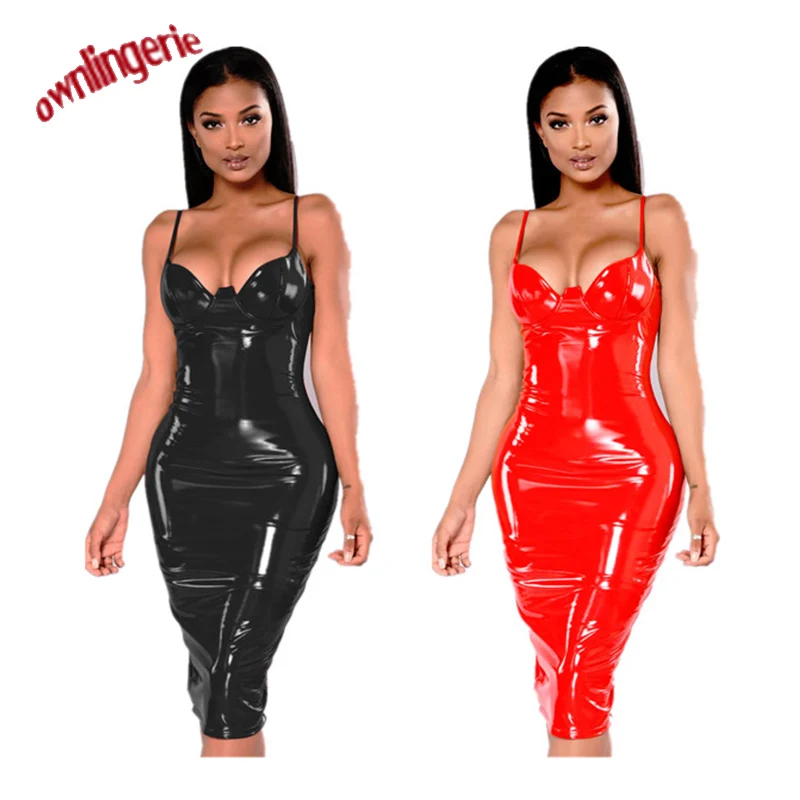 

Sexy Sleeveless PVC Wet Look Women Leather long Dress Nightwear Fetish Stripper Pole Dance shoulder hanging Dress Glossy Catsuit