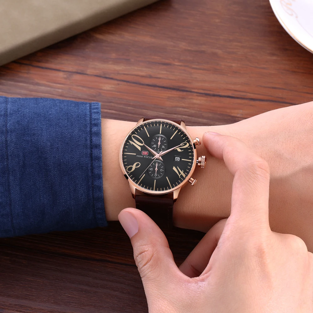 MINI FOCUS – montre de marque en cuir véritable pour hommes, horloge à Quartz, étanche, chronographe, affichage de la Date