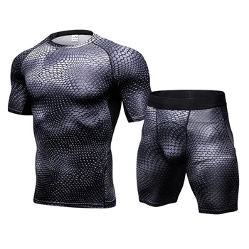 

New 2 Pieces Sport Suit For Men Short Sleeve T-shirt + Shorts Fitness Tight Running Set Quick Dry Compression Men's Sportswear