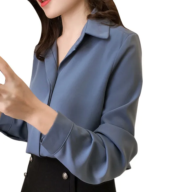 Women Blouse 2019 Women's Wear Simple Lapel Long Sleeve Chiffon Pure Color Shirt