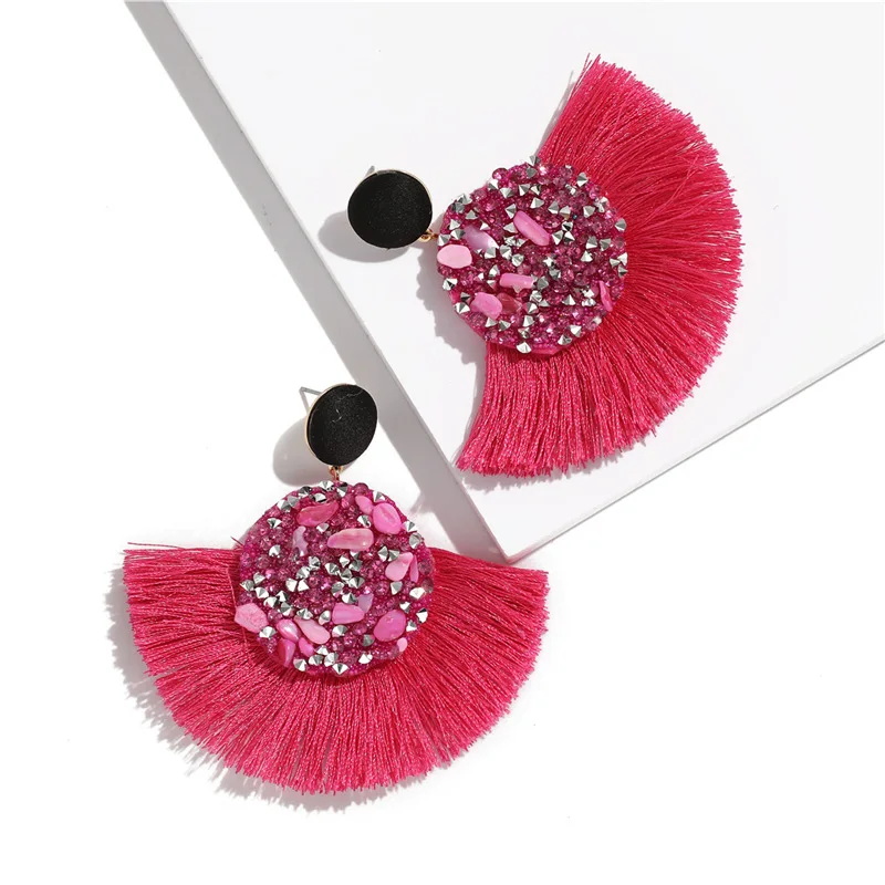 

Bohemian fringed fanshaped exaggerated personality micro-set crystal stone earrings ladies wedding tassel earrings jewelry