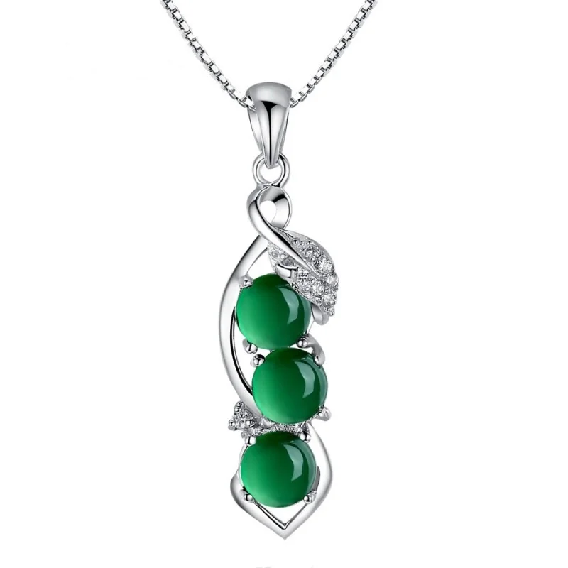 OMHXZJ European Fashion Woman Girl Party Gift Bean Chalcedony Zircon 925 Sterling Silver Necklace Pendant Charm CA45