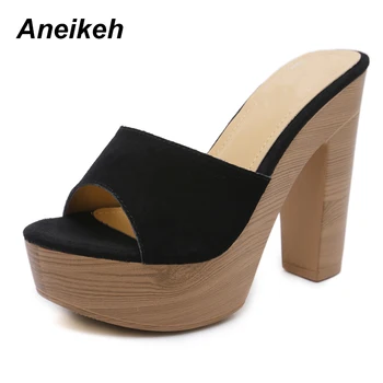 

Aneikeh NEW 2019 Fashion Sexy Summer Shallow Leisure Flock Square Heel Women's slippers Wear for outside Gladiator Women Shoes