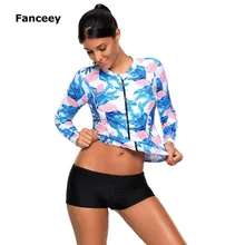 Раздельный купальник с принтом с длинным рукавом консервативный большой размер Цельный купальник 410488