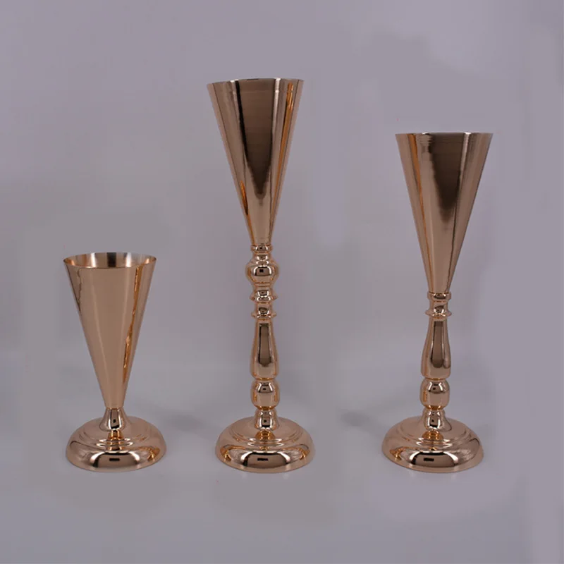 Wholesale 10 Pieces Rose Gold Metal Goblet Funnel Vase Centerpiece 10' 16' 19' Wedding Flower