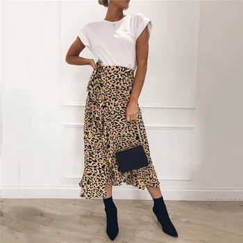 

Women Ladies Leopard Print Skirts Elegant Ruffles high waist Split long Skirt Fashion Female jupe femme Streetwear