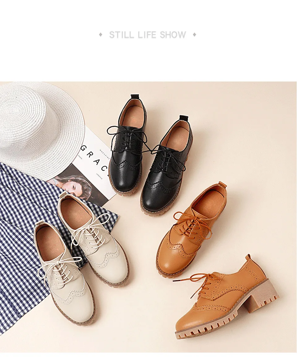 Women Oxfords Shoes Handmade Lace-up Round Toe Thick Heel Leisure Comfortable and Soft Office Lady Shoes