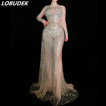 

See-through Mesh Silver Rhinestones Long Dress High-end Women Prom Evening Celebration Singer Host Stage Outfit Catwalk Costume