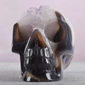 

7 " Big Agate Geode Skull Natural Crystal Halloween Quartz Figurine Skulls 3302 g Carving Healing Onyx Statue Feng Shui Decor