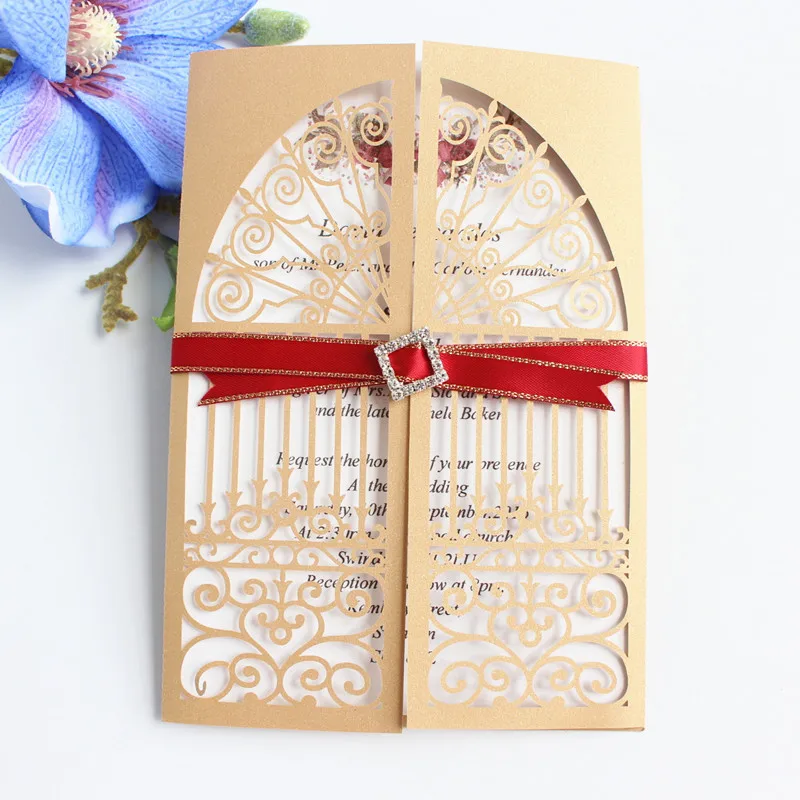 

Gold wedding invitation with glittery rhinestone burgundy lace decoration palace gate folded laser paper invites 50pcs
