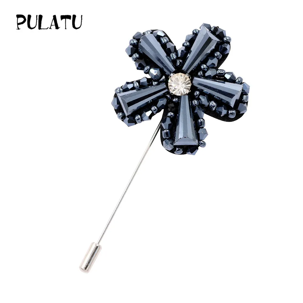 PULATU 4 Colors Flower Brooch Pins for Women Fashion Crystal Handmade