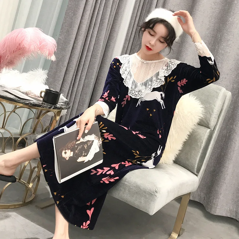 

19 nightdress women lace stitching velvet sleepwear fashion sexy nisette robe de nuit sexy princess dress nighty dame night gown