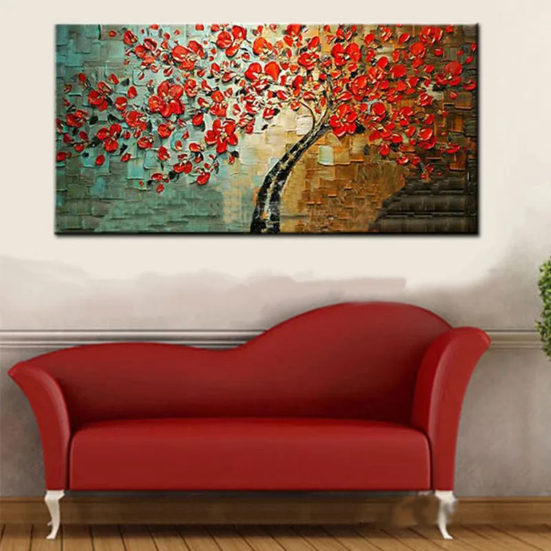

Hand Painted Abstract Flower Oil Paintings on Canvas Home Decor Wall Art Handmade Knife Red Floral Pictures Gift for Living Room