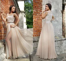 2015 sexy vor Schlitz abend prom kleider Champagner formelle kleid bodenlang chiffon billig berühmtheit kleider